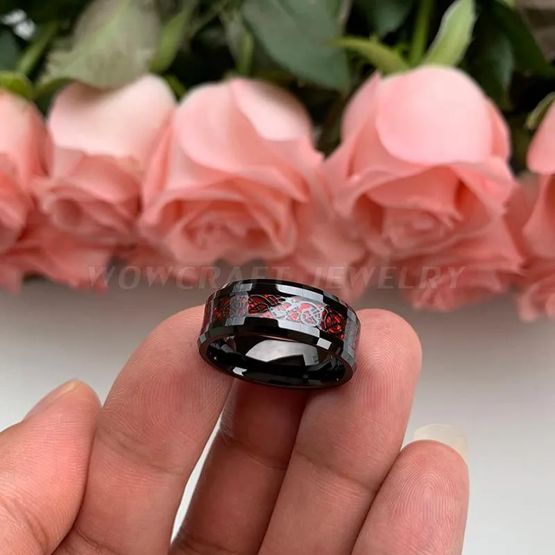 8mm Black Mens Tungsten Rings Red Carbon Fiber and Dragon inlay
