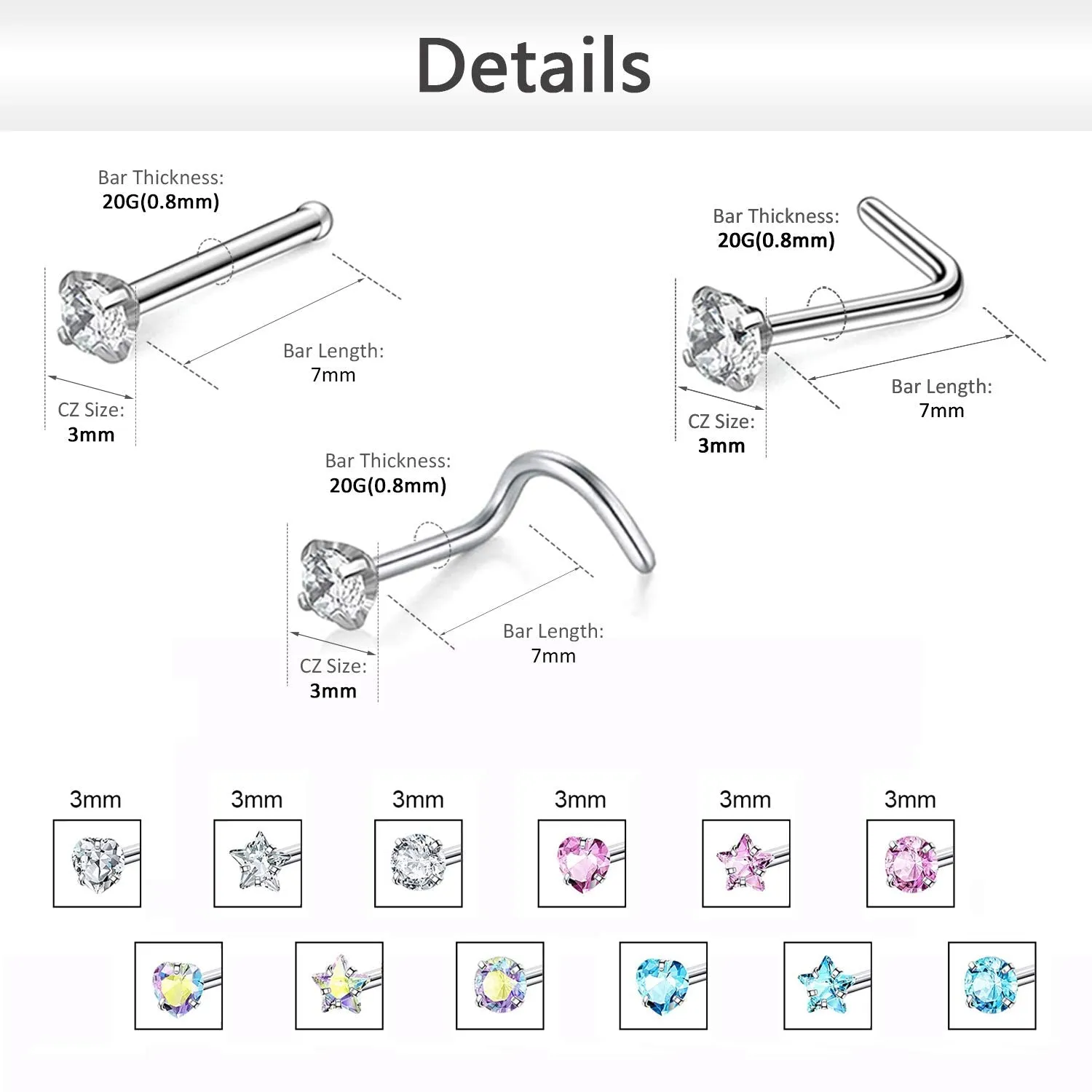 9-12PCS 20g Surgical Stainless Steel Nose Stud Ring Piercing Nose Bone/L Shaped/Nose Screws Rings Set 12pcs L Shaped Style