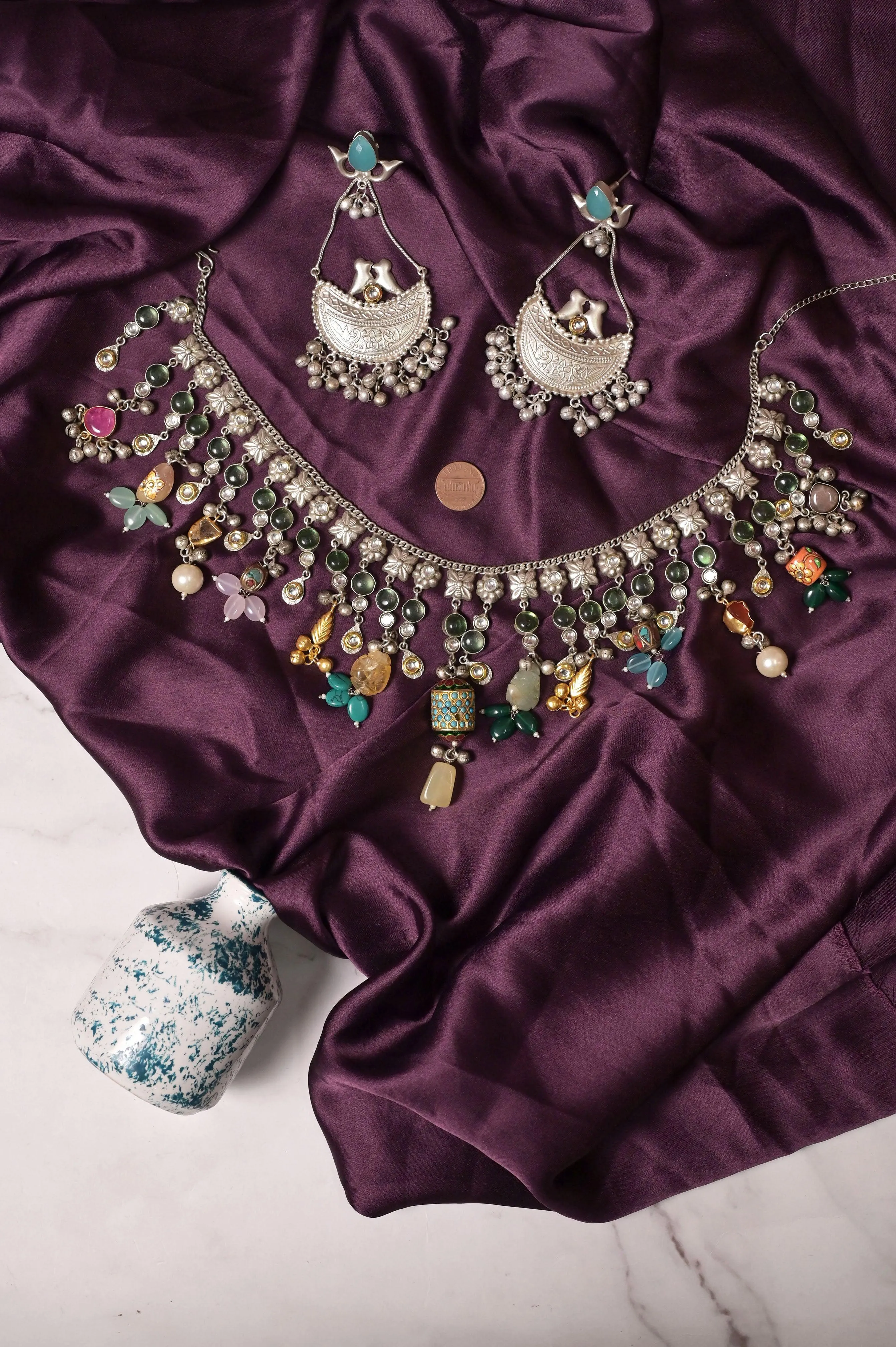 92.5 Silver Polish Handmade Marwar Style Necklace with Monalisa Stone Cutwork