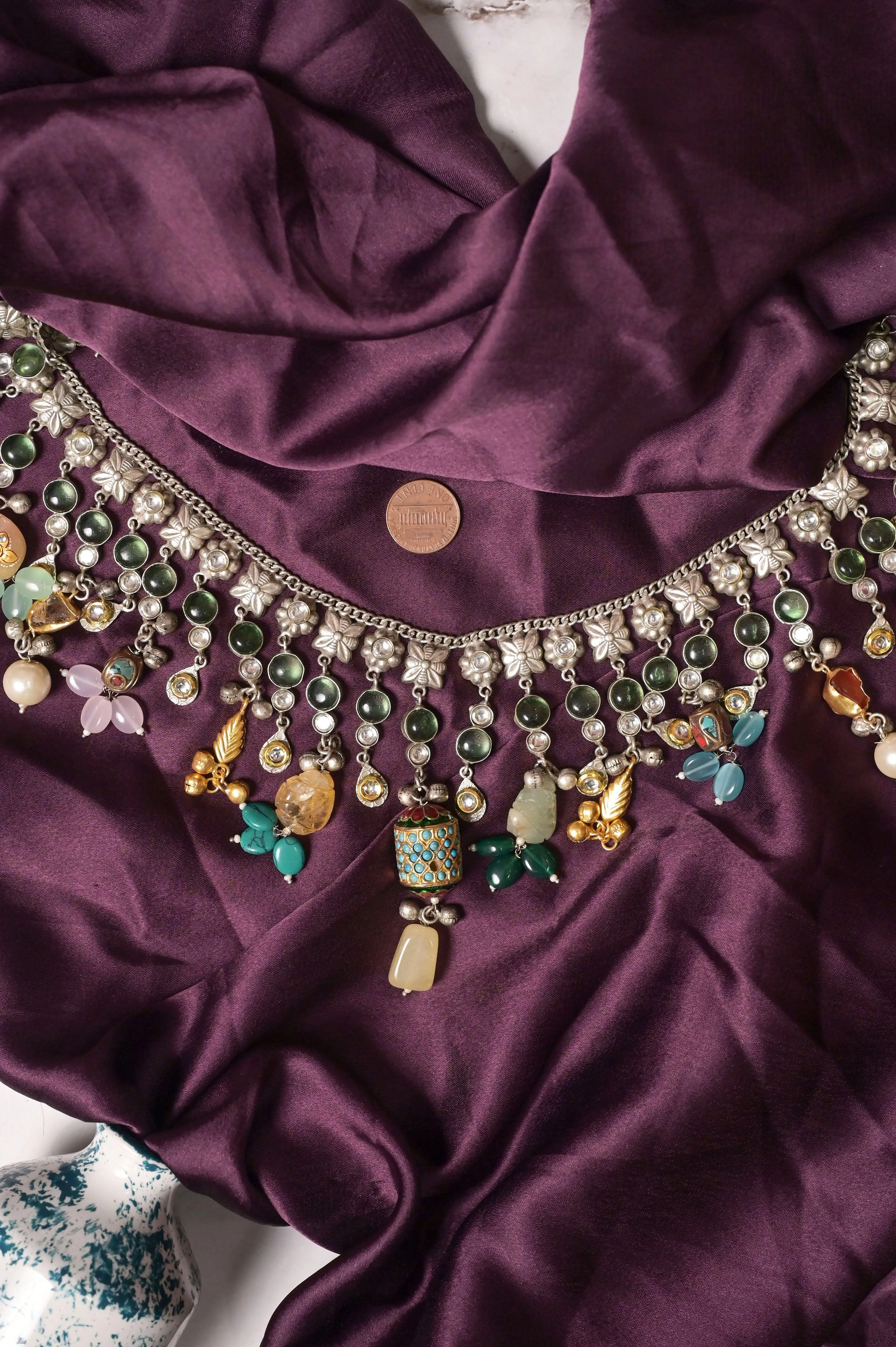 92.5 Silver Polish Handmade Marwar Style Necklace with Monalisa Stone Cutwork
