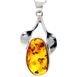 925 Sterling Silver & Genuine Cognac Baltic Amber Exlusive Unique Pendant - PD2169
