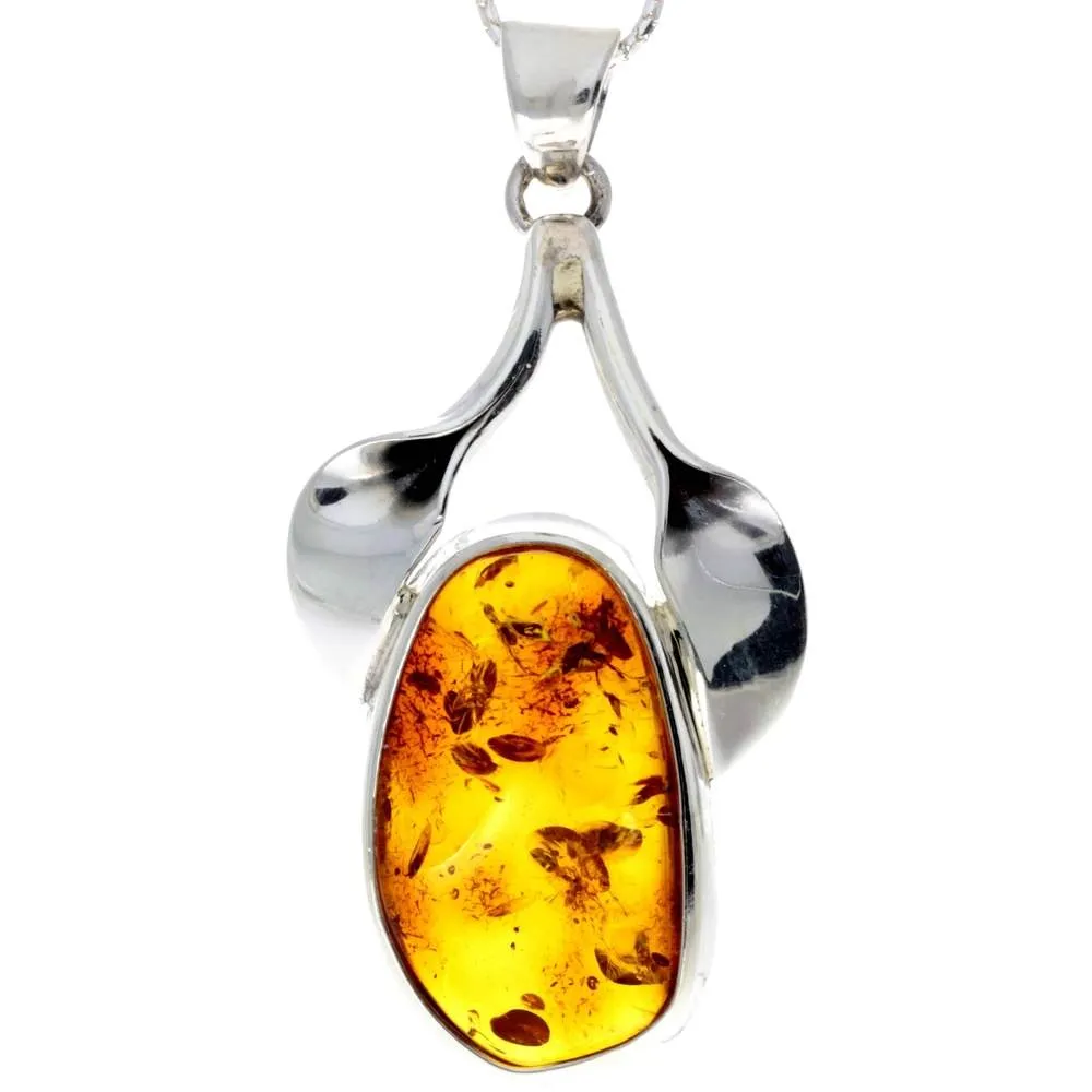 925 Sterling Silver & Genuine Cognac Baltic Amber Exlusive Unique Pendant - PD2169