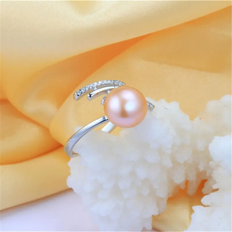 925 Sterling Silver Rings For Women Fashion 8-9mm Natural Freshwater Pearl Jewelry Ring