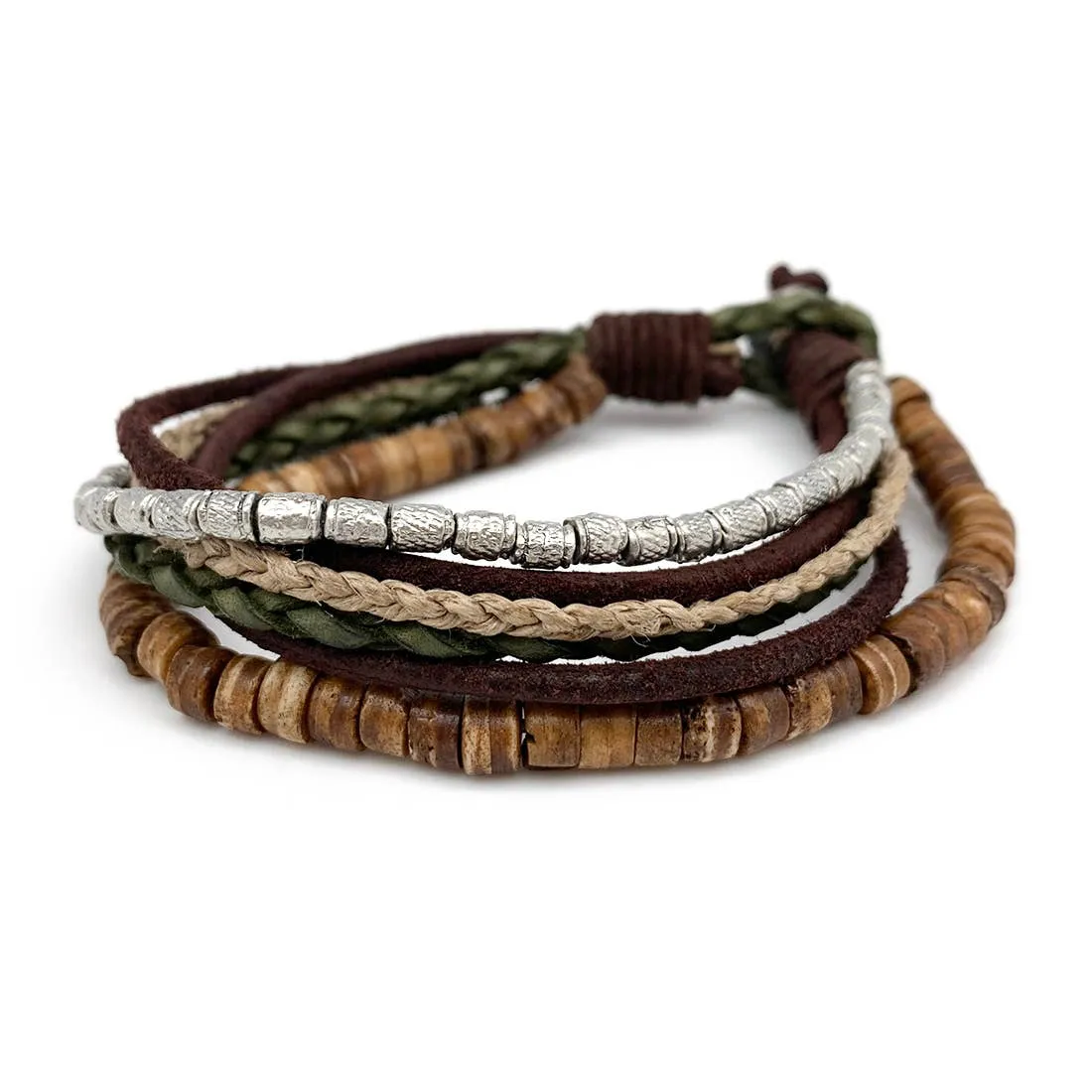 Aadi Wood, Leather, Jute, Metal Pre-Layered Men's Bracelet