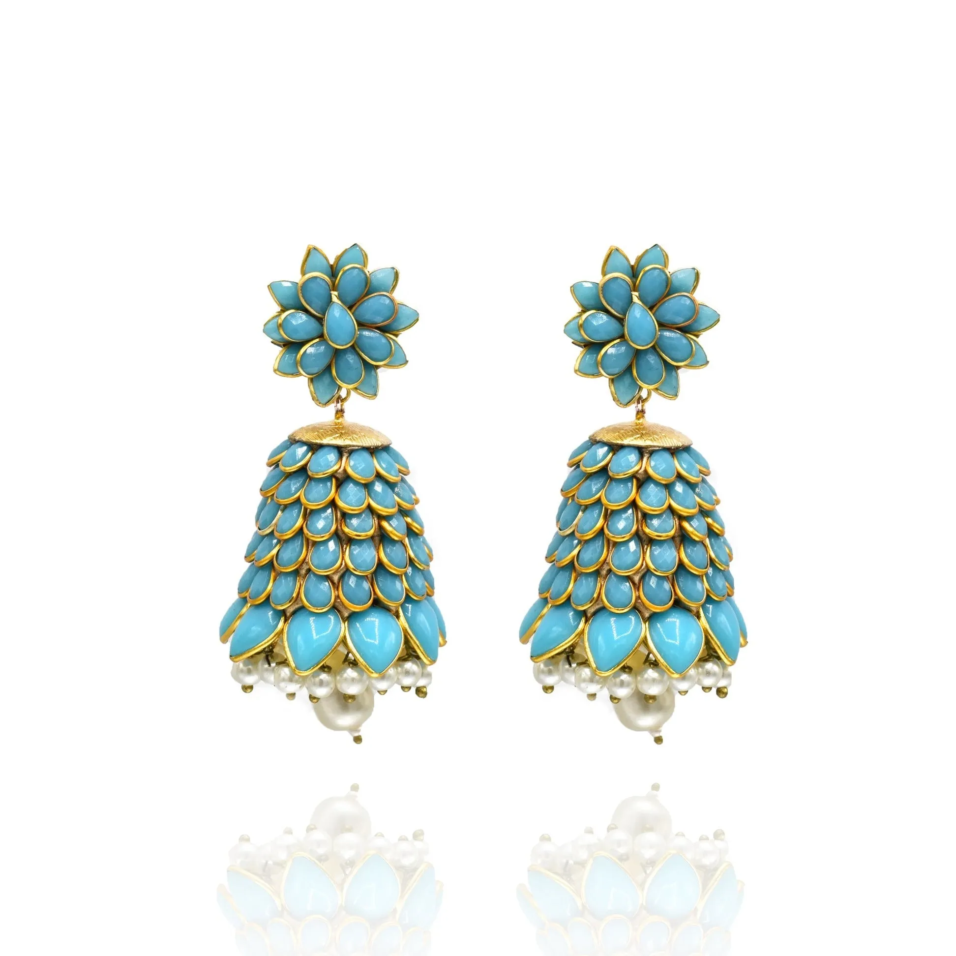 Alia Flower Jhumka Earrings - Blue