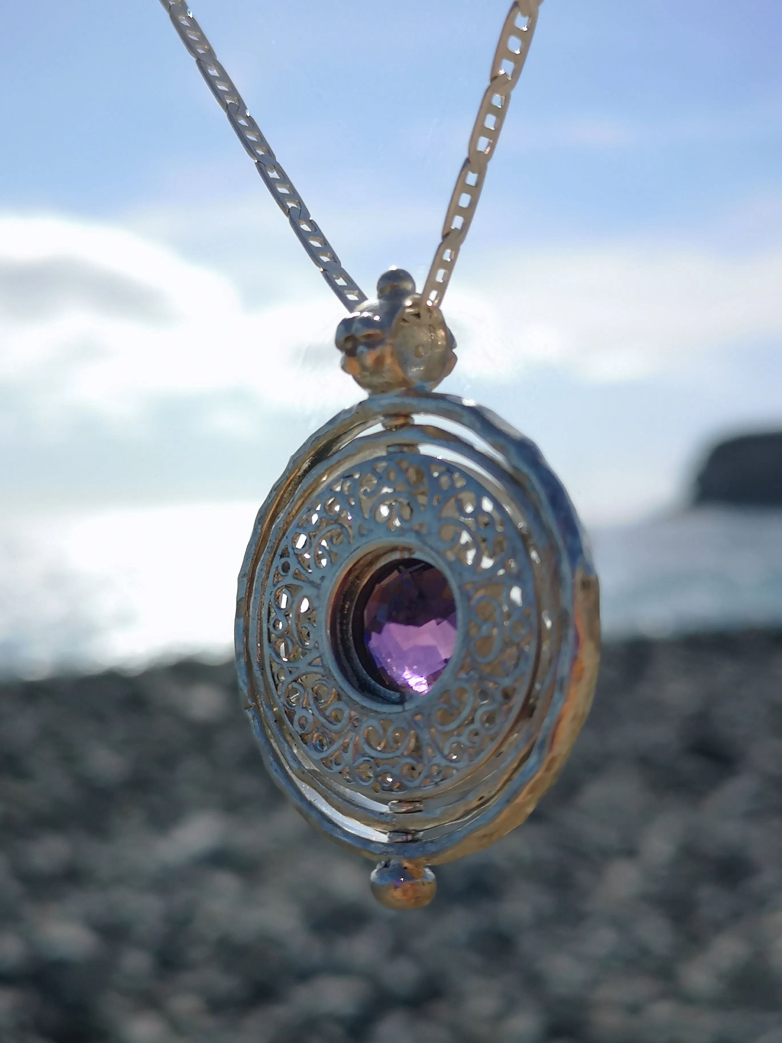Amethyst and Moissanite Silver Spinning Pendant