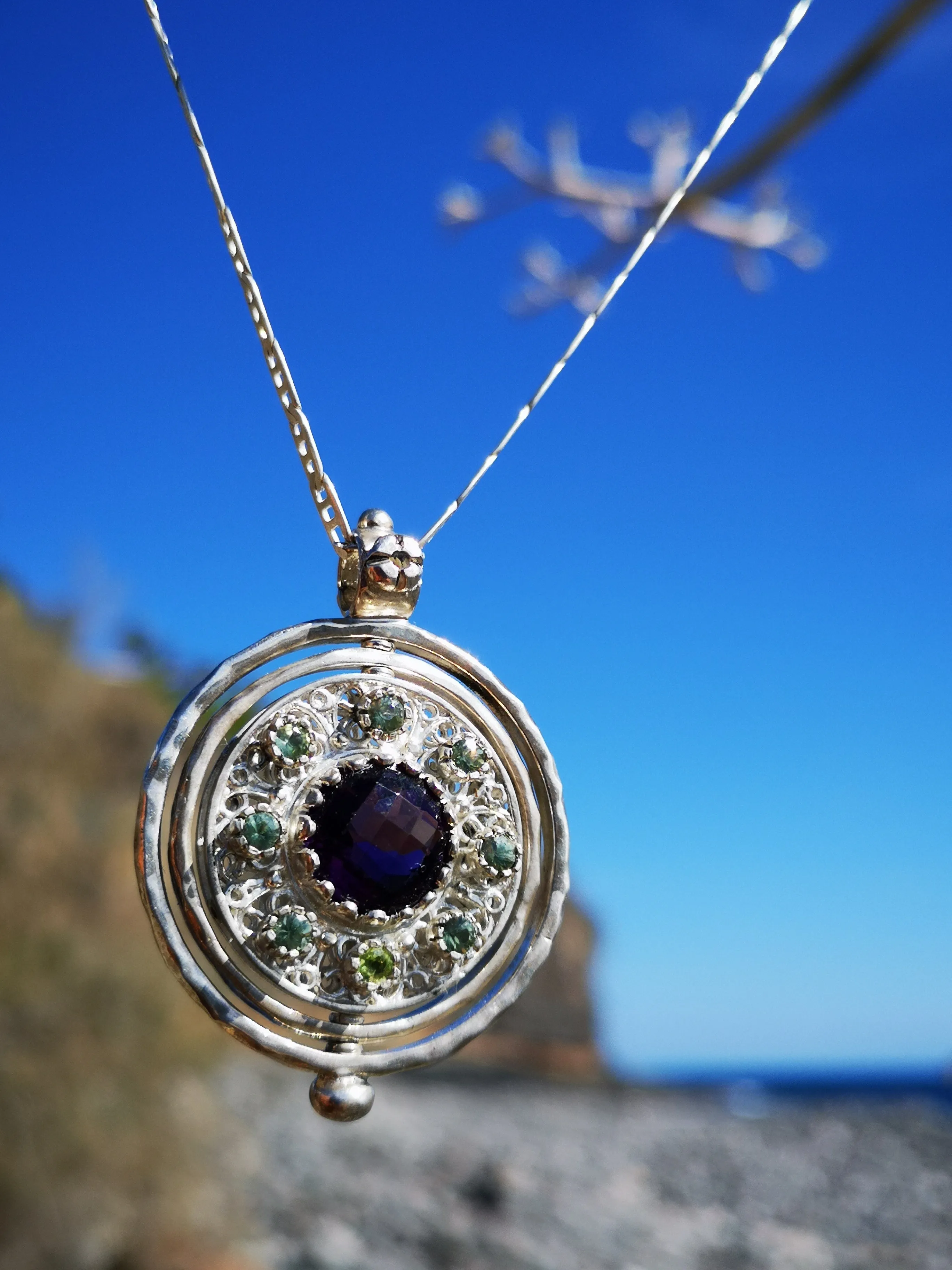 Amethyst and Moissanite Silver Spinning Pendant