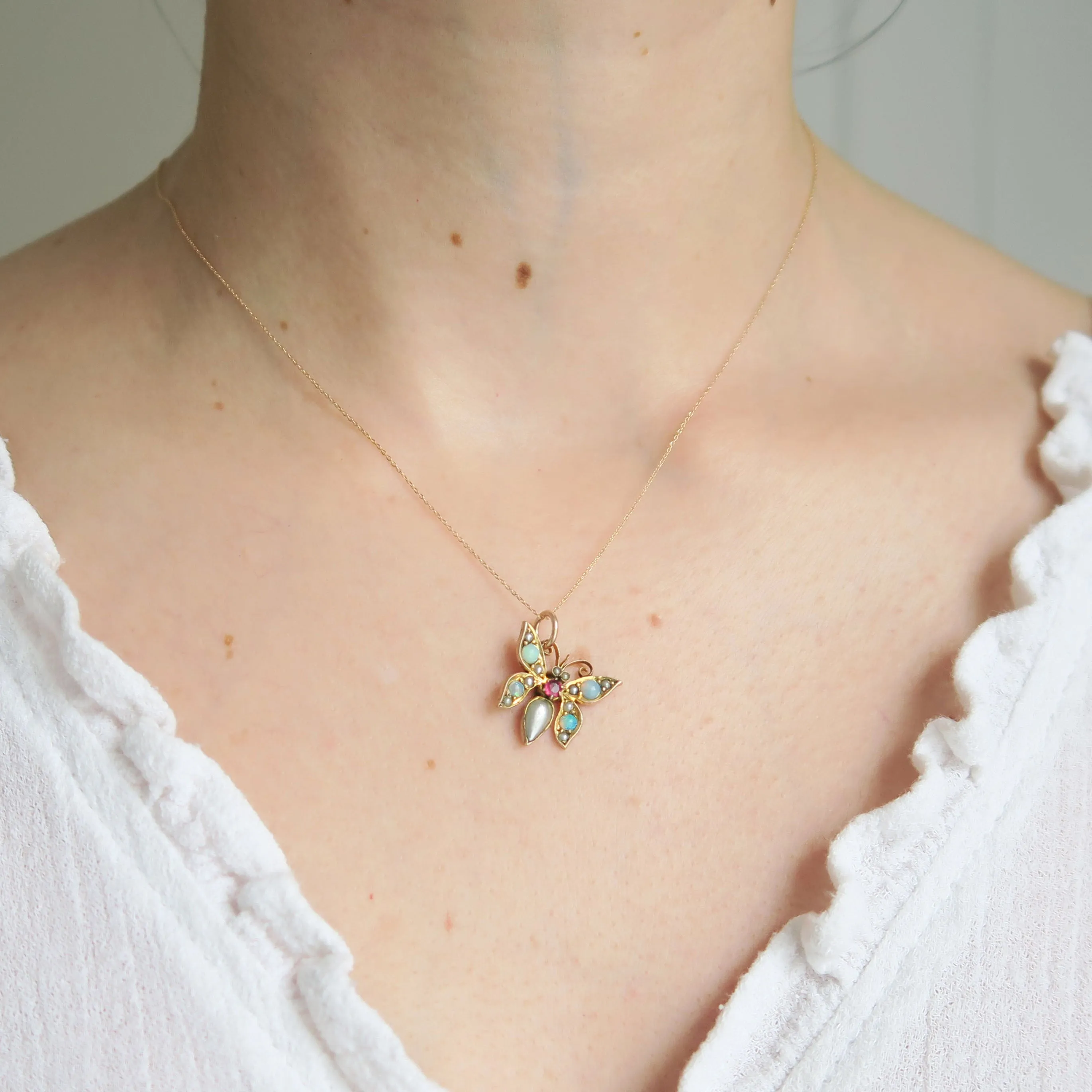 Antique Edwardian Rolled Gold Opal Butterfly Charm