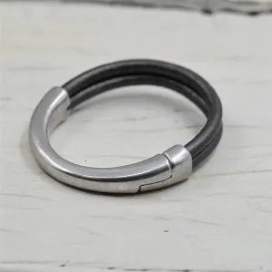Antique Silver and Dark Silver Grey Leather Bracelet 19cm