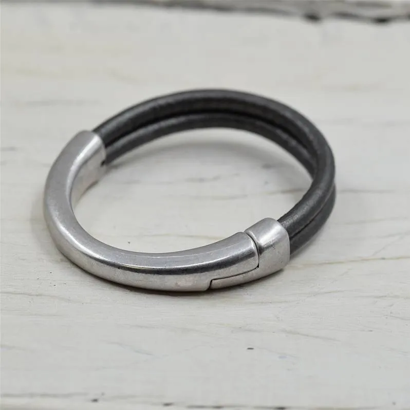 Antique Silver and Dark Silver Grey Leather Bracelet 19cm