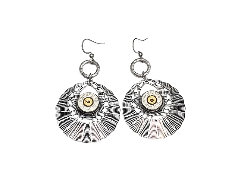 Antique Silver Round Basketweave 45 Auto Bullet Earrings