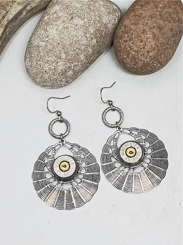 Antique Silver Round Basketweave 45 Auto Bullet Earrings