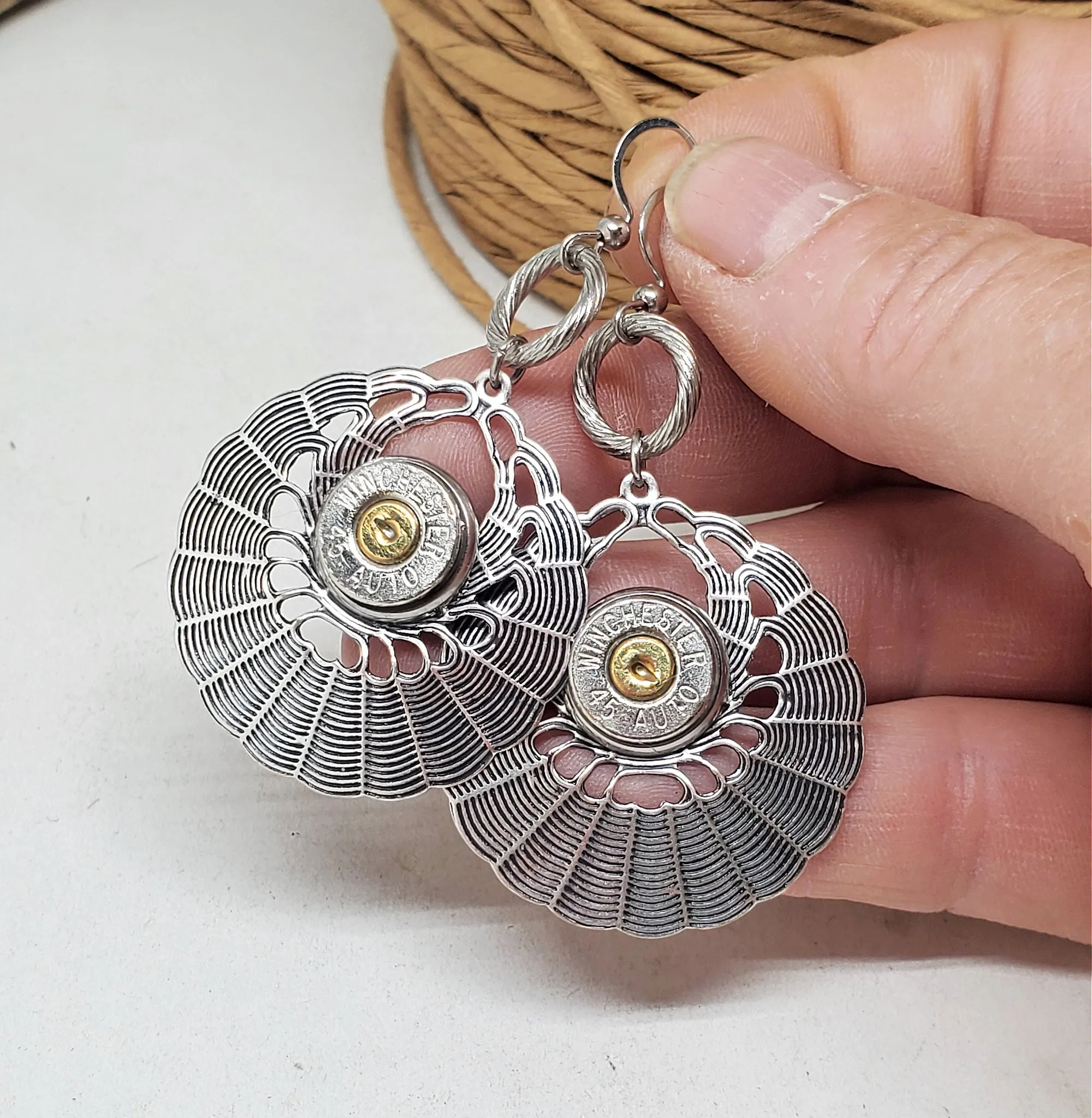 Antique Silver Round Basketweave 45 Auto Bullet Earrings