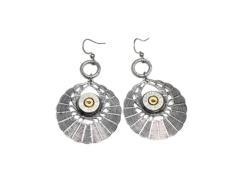 Antique Silver Round Basketweave 45 Auto Bullet Earrings