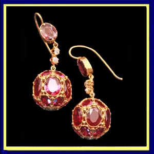 Antique Victorian earrings dangle ear pendants gold garnet diamond unique (7370)