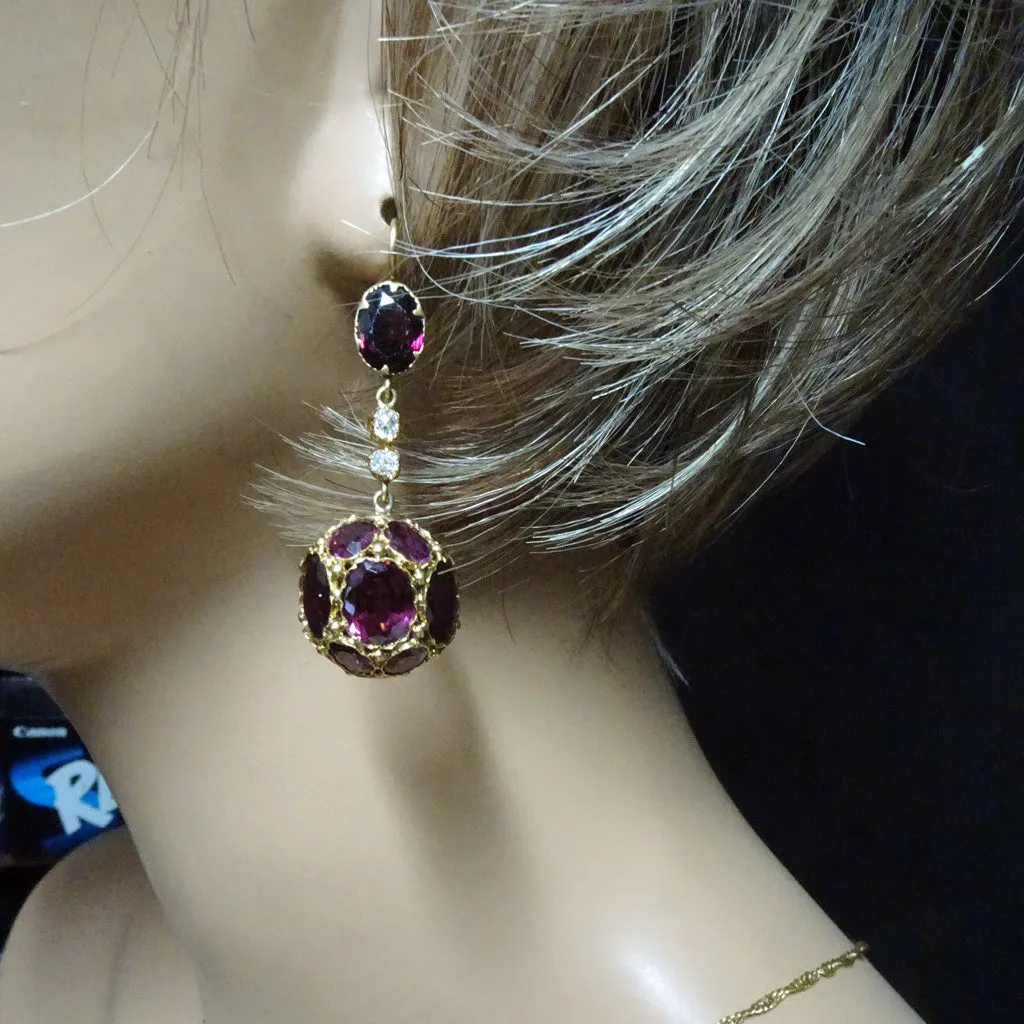 Antique Victorian earrings dangle ear pendants gold garnet diamond unique (7370)