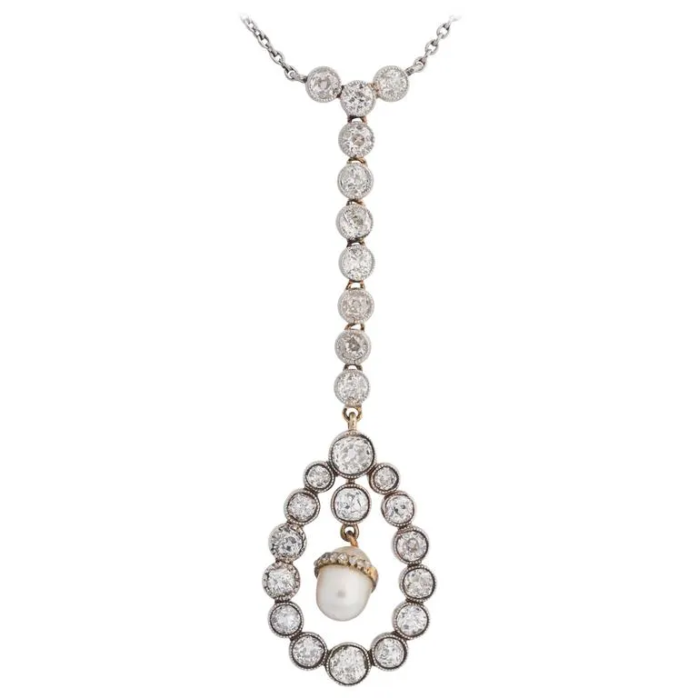 Art Deco Gold, Diamond, Pearl Drop Necklace