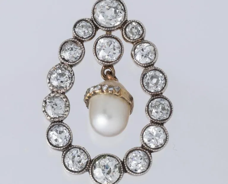 Art Deco Gold, Diamond, Pearl Drop Necklace
