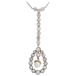 Art Deco Gold, Diamond, Pearl Drop Necklace
