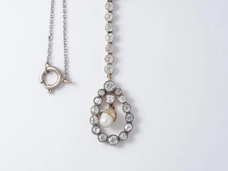 Art Deco Gold, Diamond, Pearl Drop Necklace
