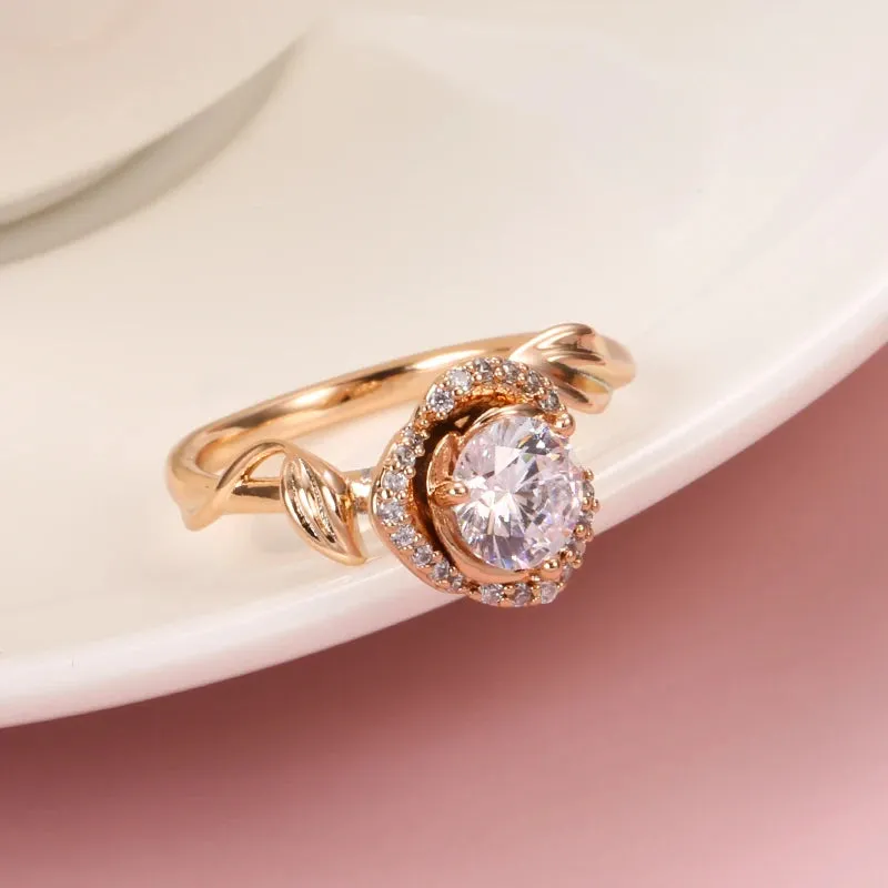 Awesome Lucky Flower AAA Zircon Diamonds Rose Flower Filled 14K Rose Gold Vintage Style Rings Vintage Fine Jewelry