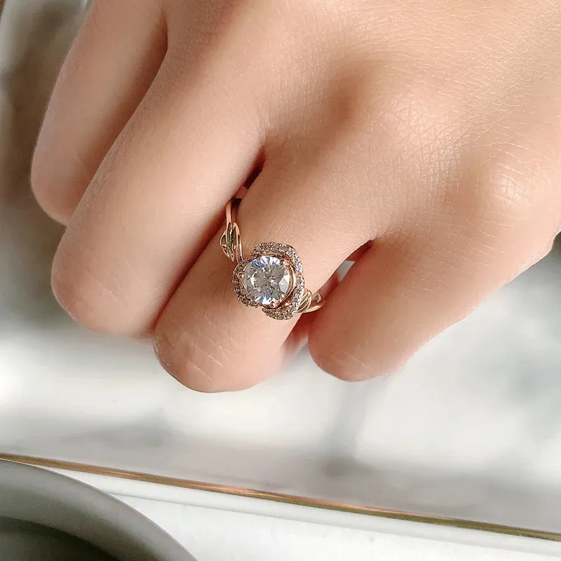 Awesome Lucky Flower AAA Zircon Diamonds Rose Flower Filled 14K Rose Gold Vintage Style Rings Vintage Fine Jewelry