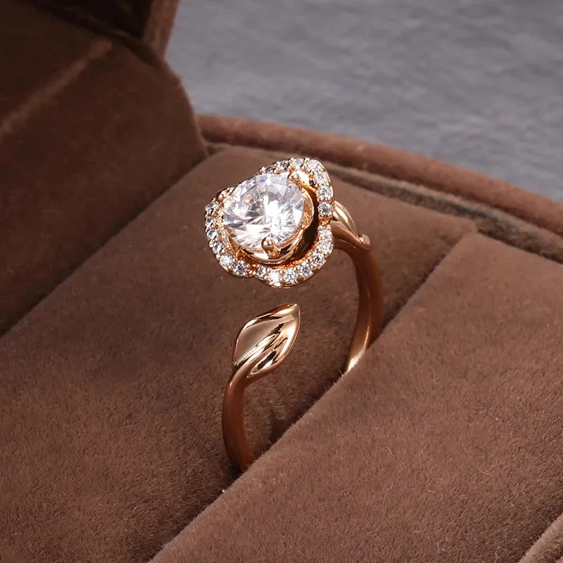 Awesome Lucky Flower AAA Zircon Diamonds Rose Flower Filled 14K Rose Gold Vintage Style Rings Vintage Fine Jewelry