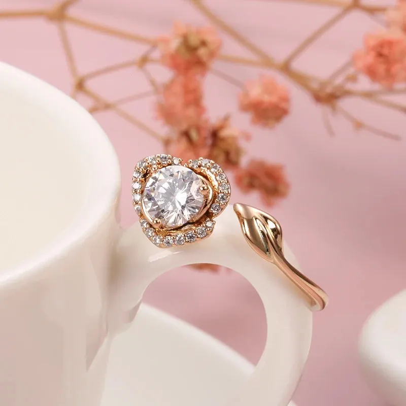Awesome Lucky Flower AAA Zircon Diamonds Rose Flower Filled 14K Rose Gold Vintage Style Rings Vintage Fine Jewelry