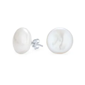 Baroque Irregular Coin Shaped Freshwater Pearl Stud Earrings in Sterling Silver