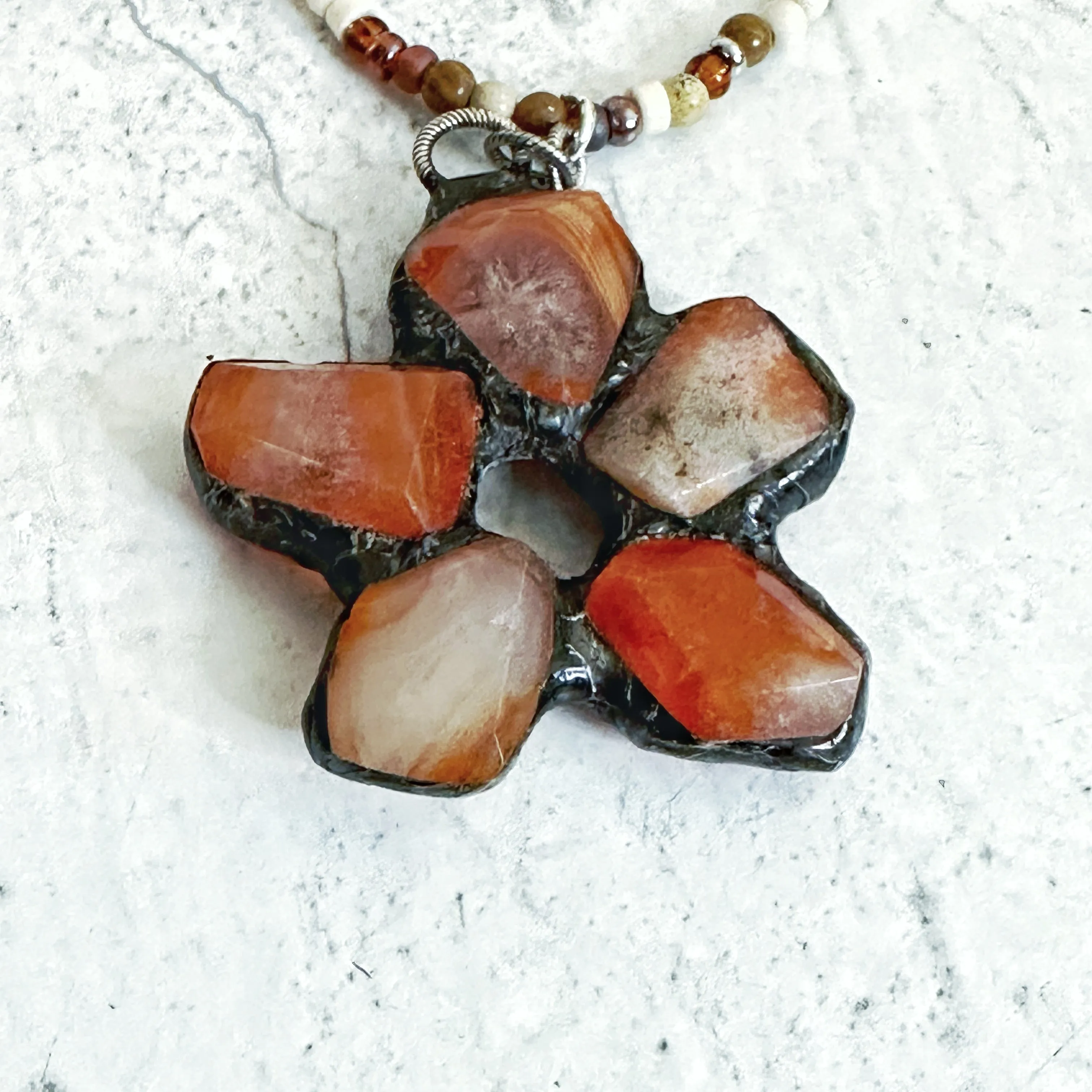Beaded Boho Necklace with Large Soldered Gemstone Pendant