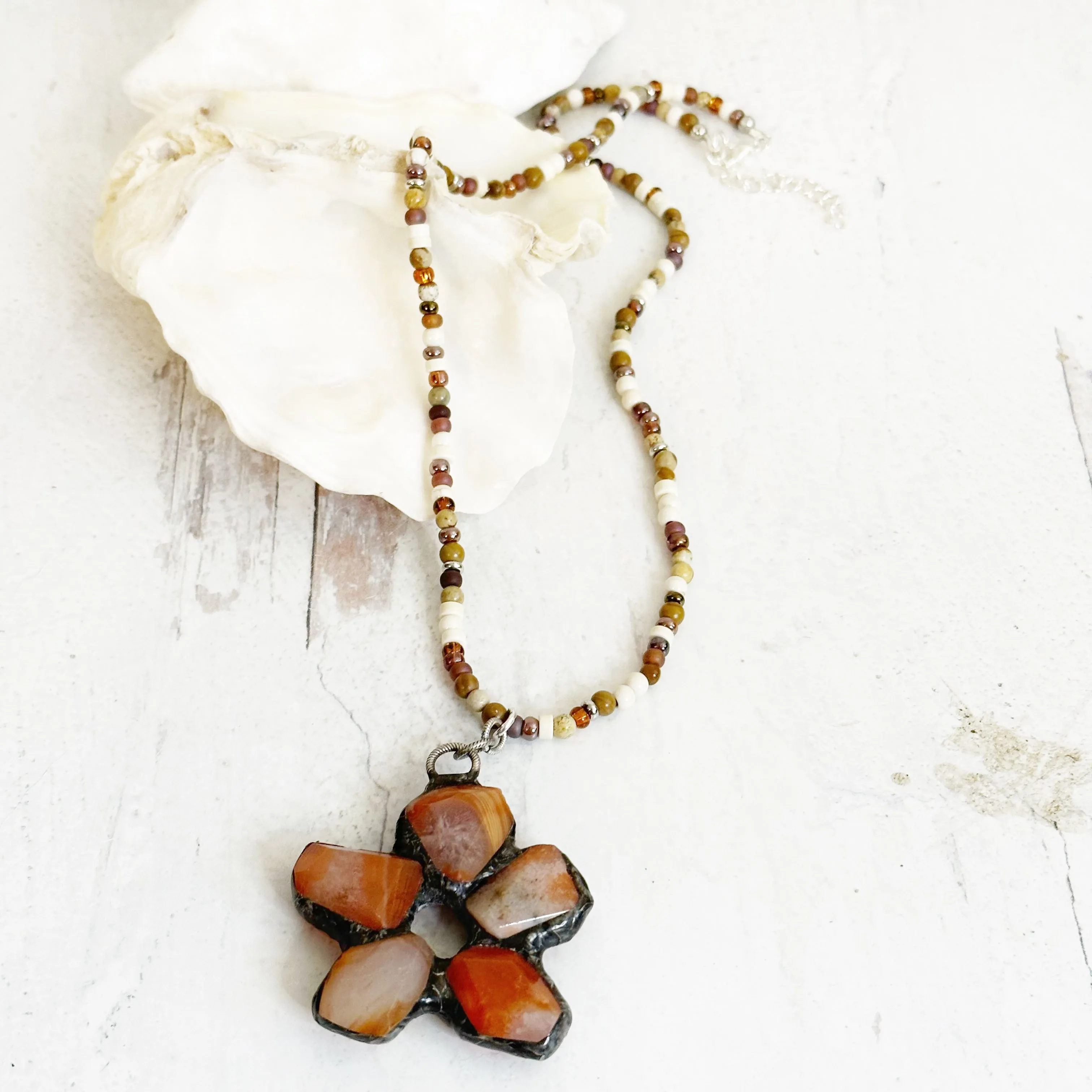 Beaded Boho Necklace with Large Soldered Gemstone Pendant