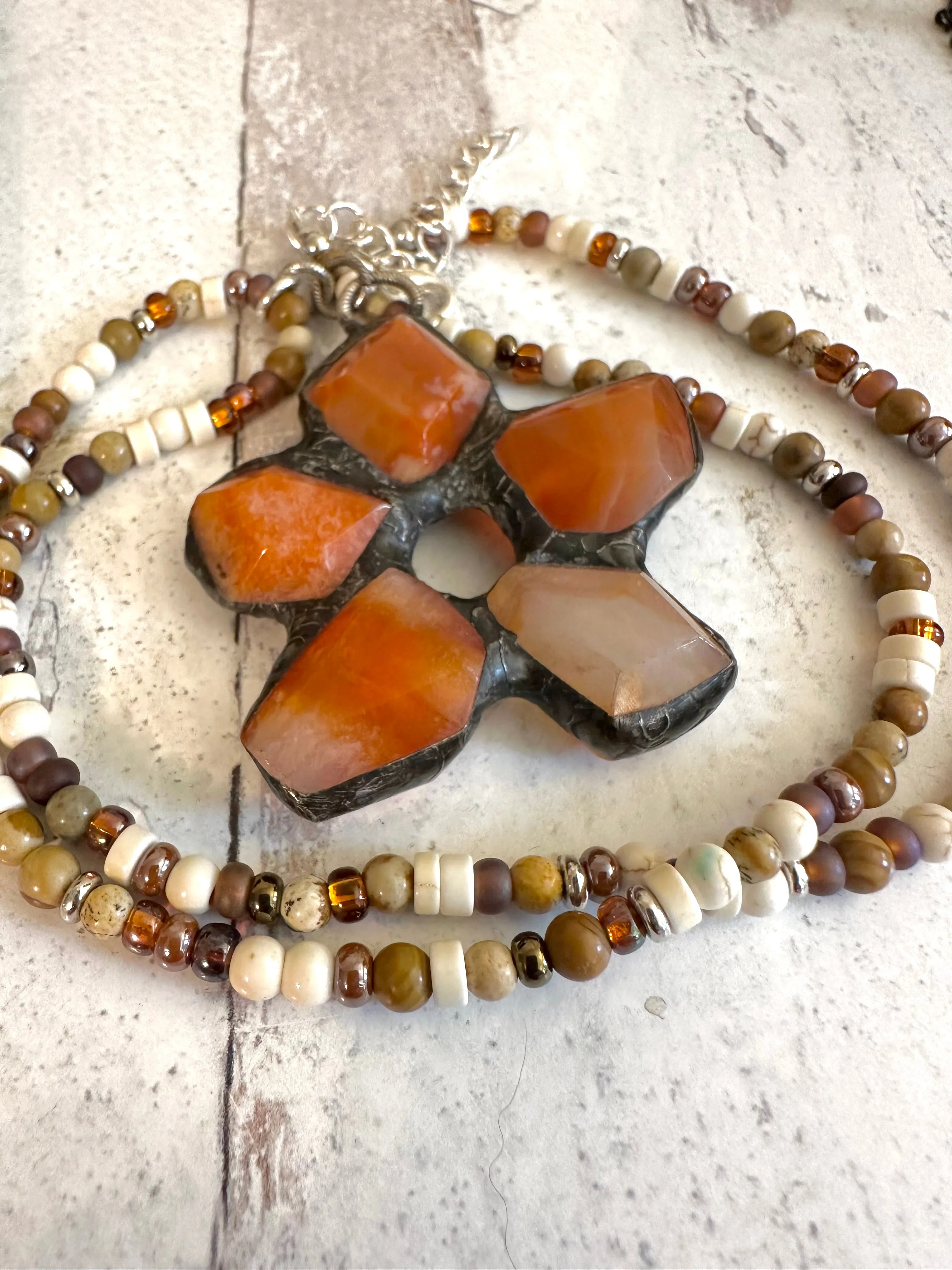 Beaded Boho Necklace with Large Soldered Gemstone Pendant