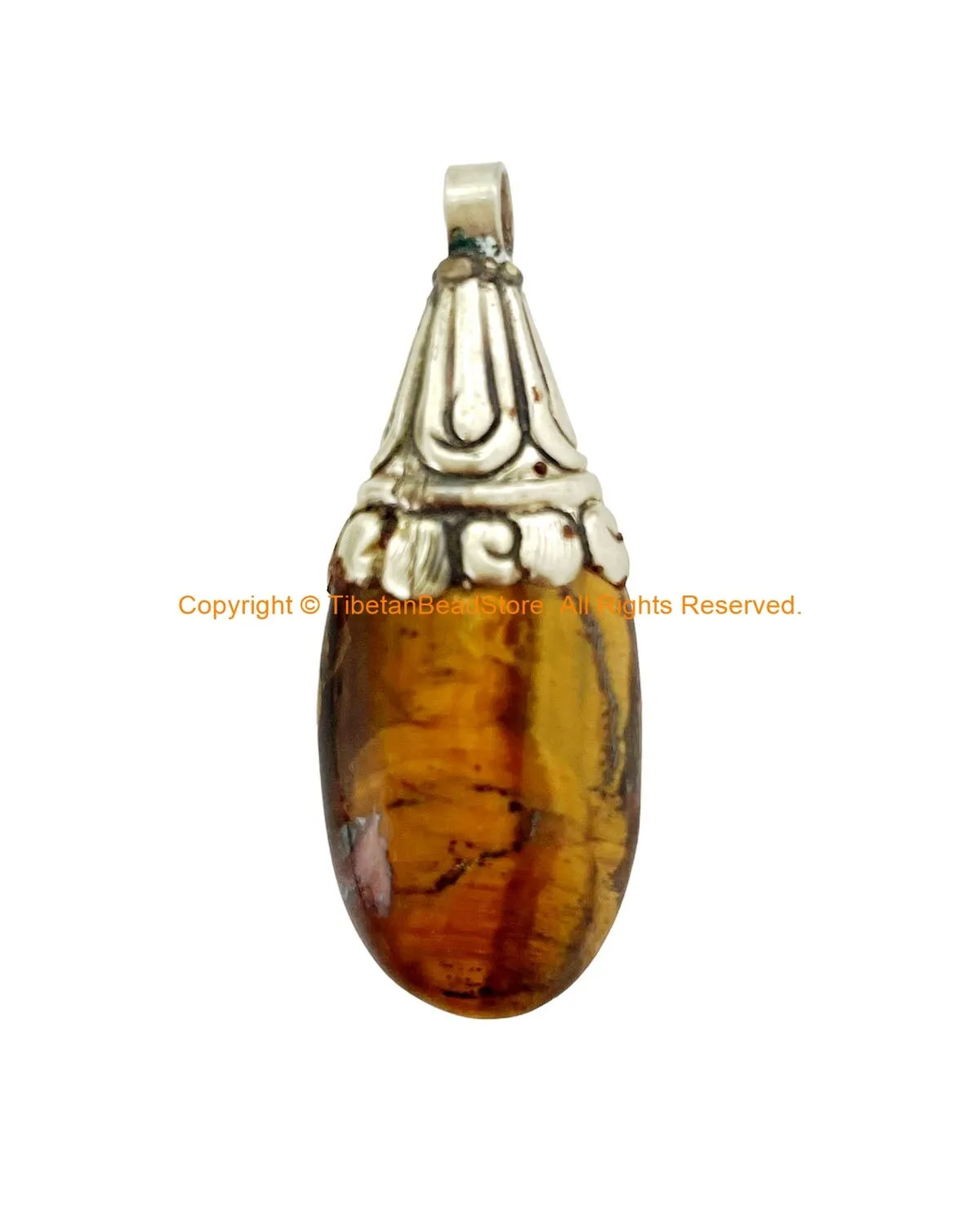 BIG Himalayan Tigers Eye Gemstone Handmade Tibetan Pendant with Decorative Floral Bail - WM7998C