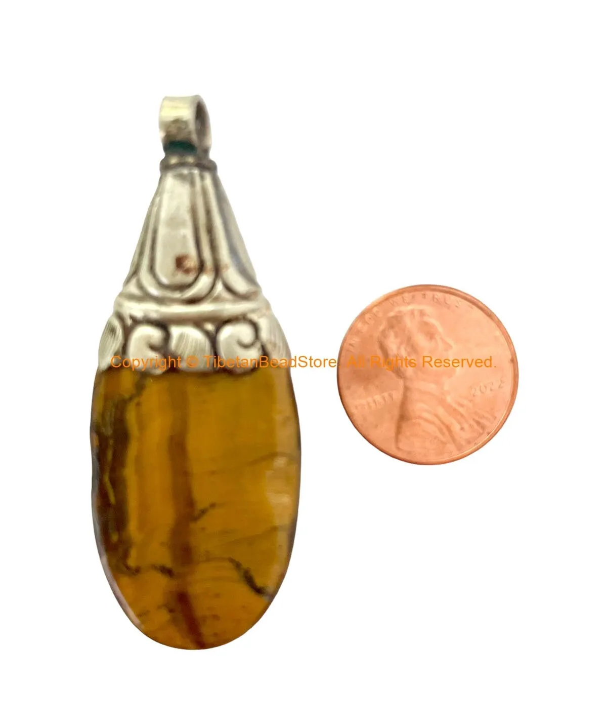 BIG Himalayan Tigers Eye Gemstone Handmade Tibetan Pendant with Decorative Floral Bail - WM7998C