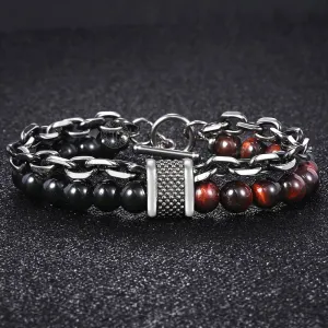 Black Beaded Bracelet Gunmetal Cut Link Chain Stainless Steel Bracelets