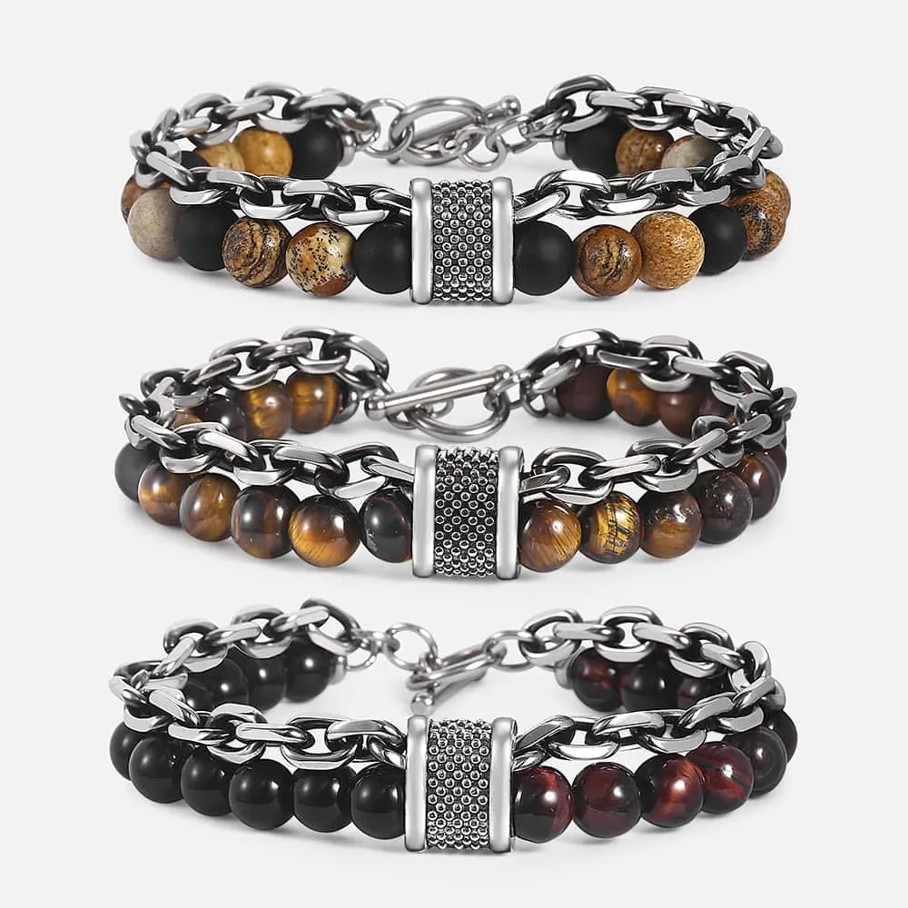 Black Beaded Bracelet Gunmetal Cut Link Chain Stainless Steel Bracelets