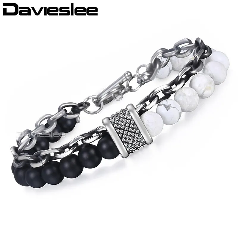 Black Beaded Bracelet Gunmetal Cut Link Chain Stainless Steel Bracelets