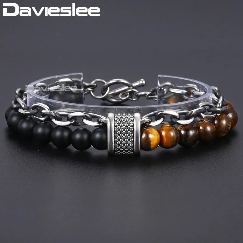 Black Beaded Bracelet Gunmetal Cut Link Chain Stainless Steel Bracelets