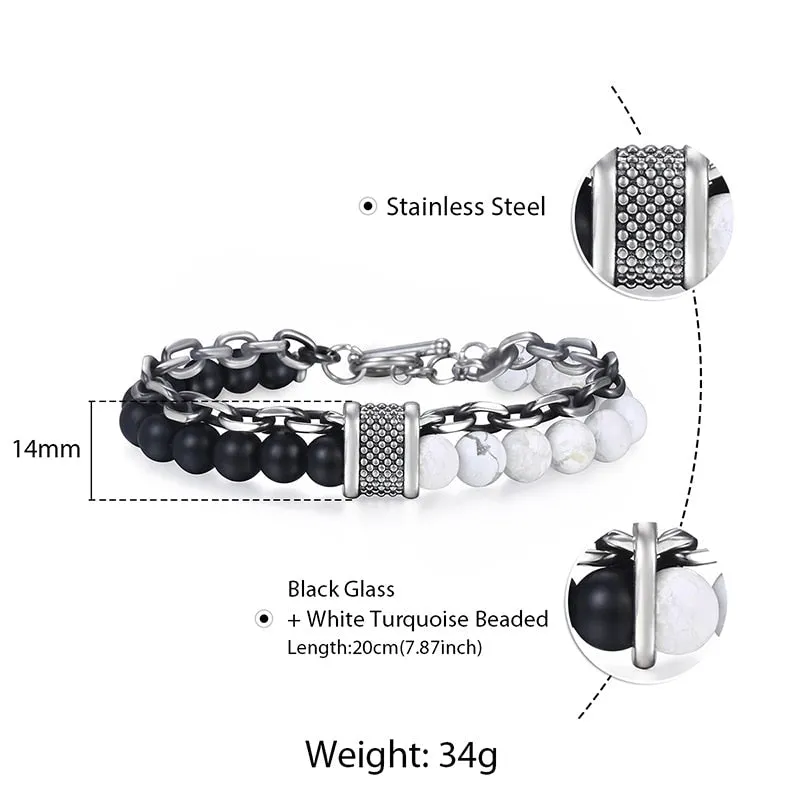 Black Beaded Bracelet Gunmetal Cut Link Chain Stainless Steel Bracelets