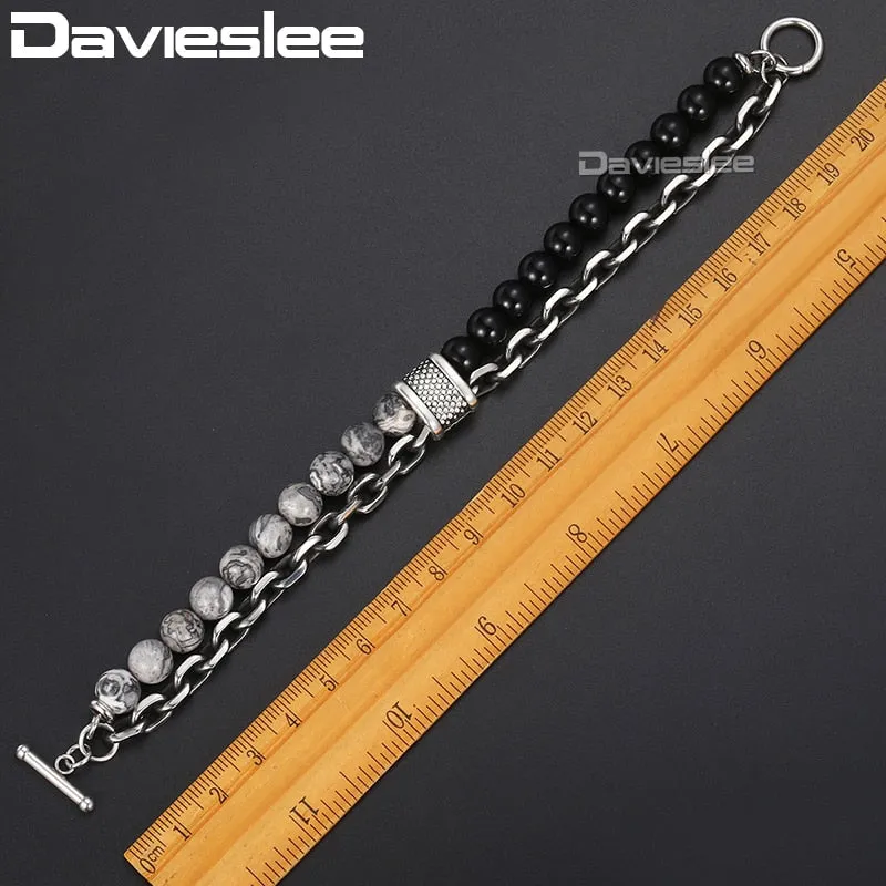 Black Beaded Bracelet Gunmetal Cut Link Chain Stainless Steel Bracelets