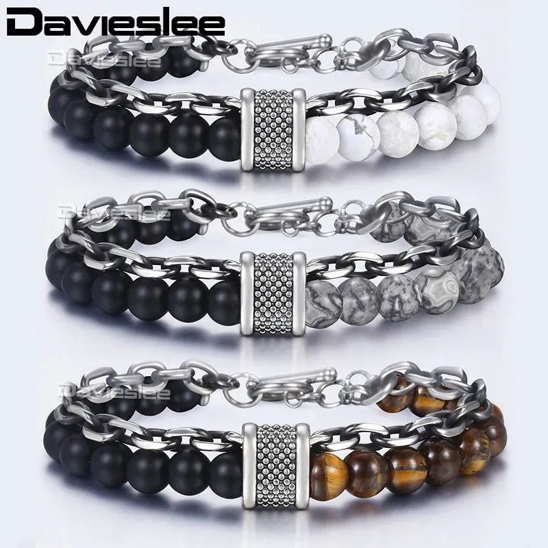 Black Beaded Bracelet Gunmetal Cut Link Chain Stainless Steel Bracelets