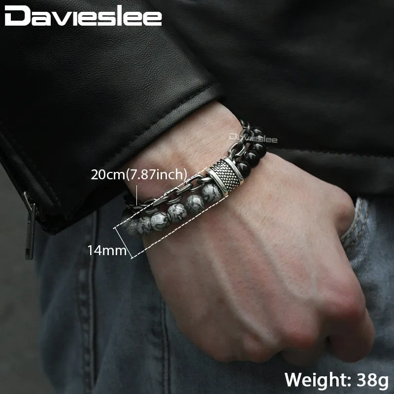 Black Beaded Bracelet Gunmetal Cut Link Chain Stainless Steel Bracelets