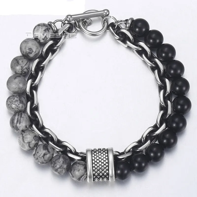 Black Beaded Bracelet Gunmetal Cut Link Chain Stainless Steel Bracelets