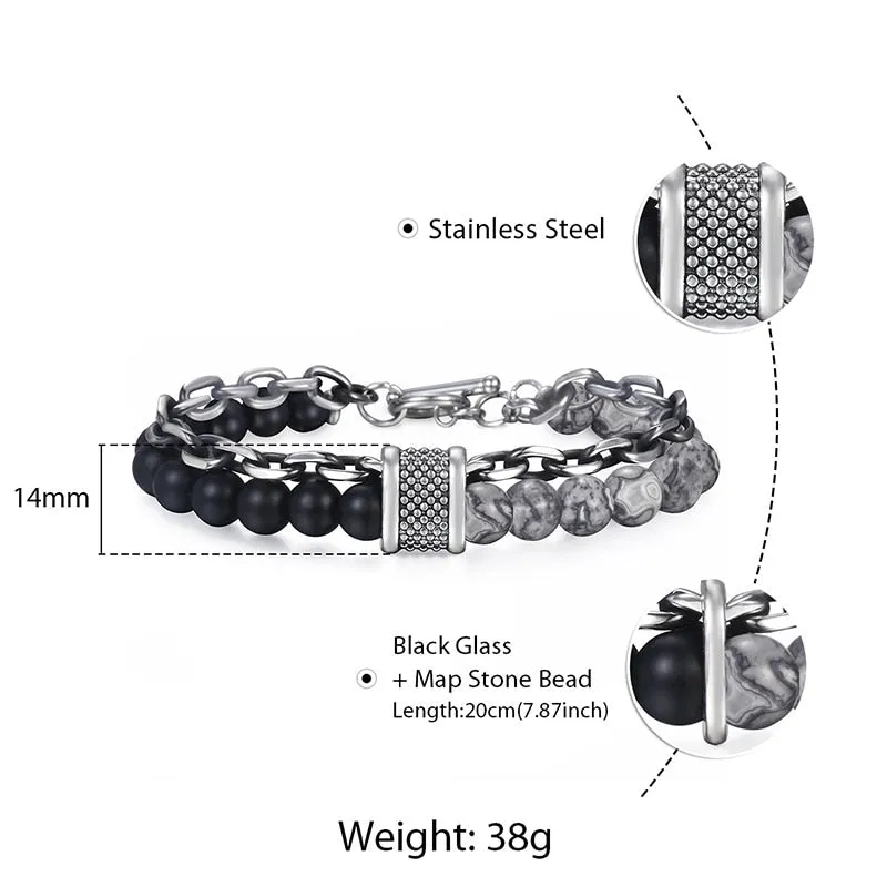 Black Beaded Bracelet Gunmetal Cut Link Chain Stainless Steel Bracelets