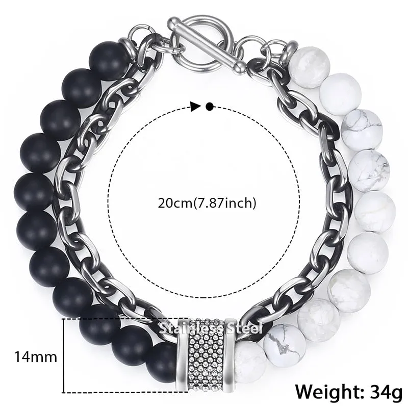 Black Beaded Bracelet Gunmetal Cut Link Chain Stainless Steel Bracelets