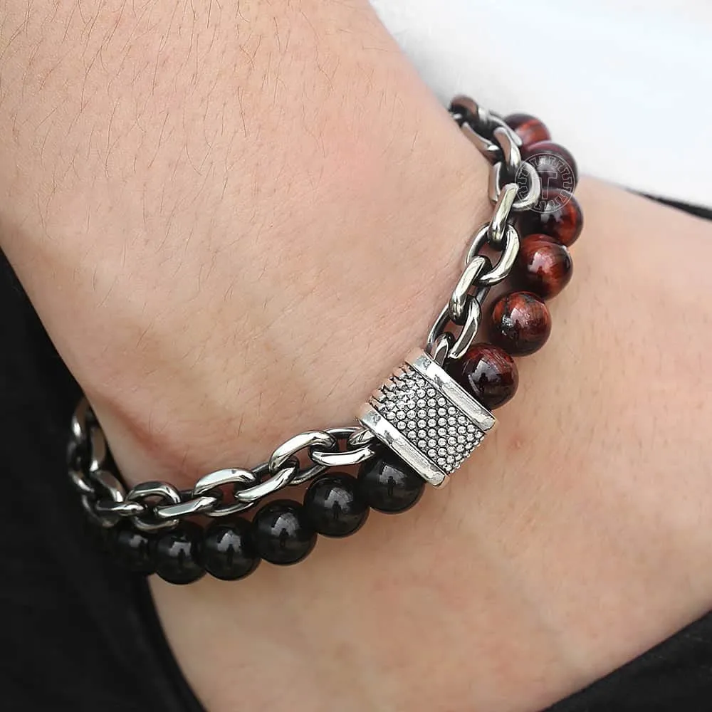 Black Beaded Bracelet Gunmetal Cut Link Chain Stainless Steel Bracelets