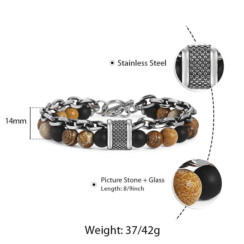 Black Beaded Bracelet Gunmetal Cut Link Chain Stainless Steel Bracelets