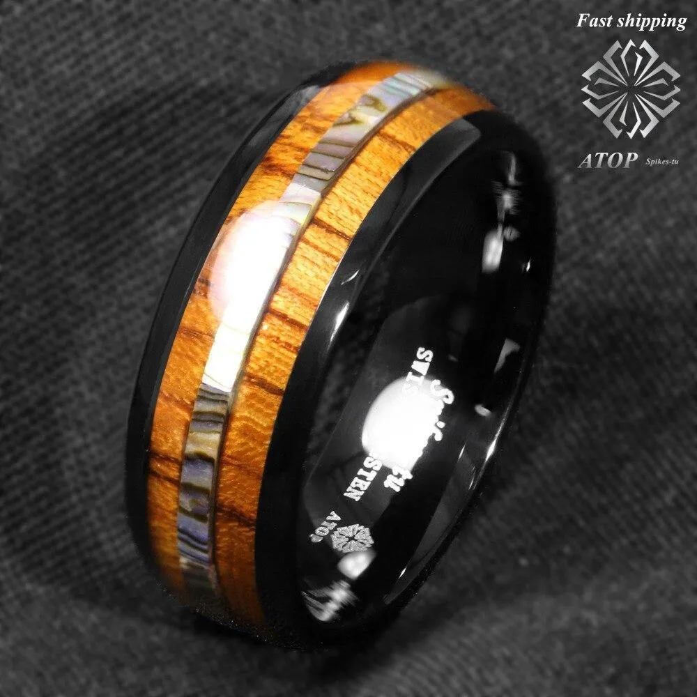 Black Tungsten Koa Wood Abalone Trendy Ring