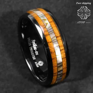 Black Tungsten Koa Wood Abalone Trendy Ring
