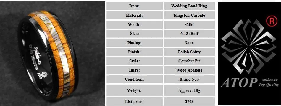 Black Tungsten Koa Wood Abalone Trendy Ring